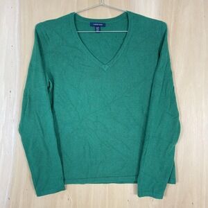 Lands End Sweater Womens Medium Petite Green Cashmere V Neck Pullover Knit Luxe